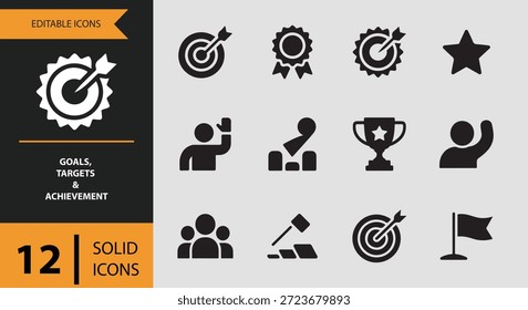 Iconos como el premio al trofeo de éxito del resultado completado y la estrella del rendimiento ayudan a comunicar la excelencia del reconocimiento de los resultados ganadores y los logros medibles en los informes de los paneles y las herramientas de productividad