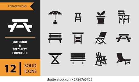 Ikonen wie Picknick-Tisch-Liegestuhl und Lounge-Chair helfen Designer visuell darstellen Hinterhof Speisesaal und Entspannungsbereiche ermöglichen eine klare Präsentation von funktionalen und stilvollen Outdoor-Möbel-Layouts