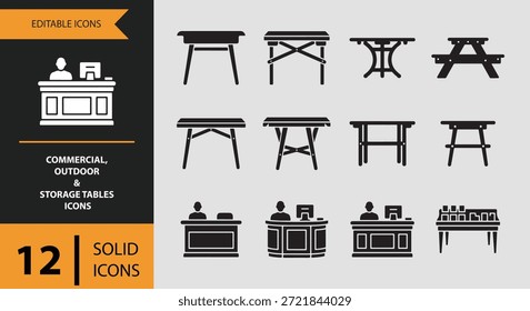 Icons wie Retail-Display-Tisch-Service-Tisch und faltbare Tabelle helfen Designer visuell darstellen Kunden Interaktionspunkte flexible Layouts und praktische Möbellösungen für Geschäfte Büros und Service-basierte Unternehmen