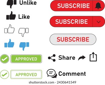 icons of like, unlike, subscribe, notification bell, share, comment, approved, tick mark. different variations of like and unlike icons. 