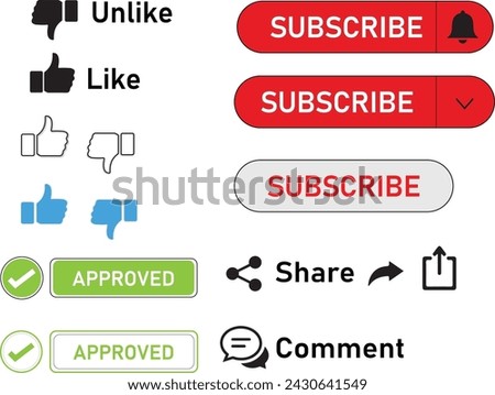 icons of like, unlike, subscribe, notification bell, share, comment, approved, tick mark. different variations of like and unlike icons. 