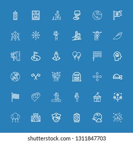   icons line Balloon, Full moon, Big ben, Pirate, Castle, Firework, Soldier, Golfer, Gps, Flag on blue background