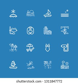  icons line Beach, Skydiving, Windsurf, Dive, Swimsuit, Summer, Bungee jumping, Travel, Boxing helmet on blue background