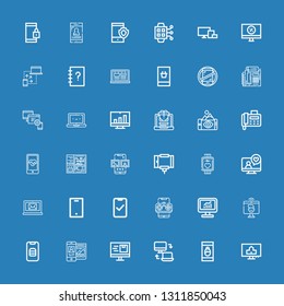  icons line Computer, Smartphone, Responsive, Videocall, Mobile, Smartwatch, Selfie stick on blue background
