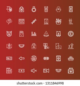  icons line Cube, Watermelon, Ticket, Mute, Lockers, Eye mask, Parallel world, Global, Back, Play, Domino on red