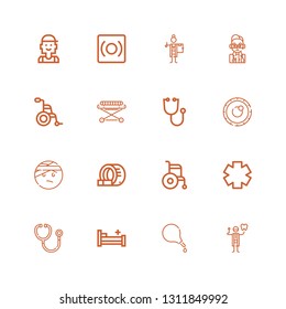  icons line Dentist, Enema, Hospital bed, Stethoscope, Clinic, Wheelchair, Tomography on white background