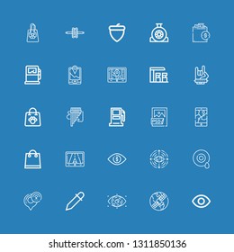   icons line Eye, Gps, Eyedropper, Shopping bag, Psd file, Gasoline station, Panpipe, Maloik, Gas station on blue background