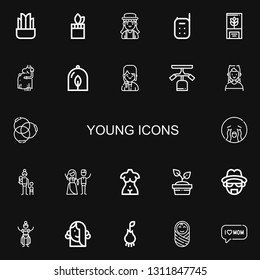  icons line Plant, Girl, Baby monitor, Pregnant, Gym station, Boy, Ponytail, Crying, Mother on black background