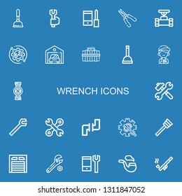  icons line Plunger, Spanner, Configuration, Plier, Pipe, Setup, Garage, Toolbox, Mechanic on blue background