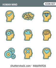 Icons line set premium quality of human mind process, brain features and emotions. Modern pictogram collection flat design style symbol . Isolated white background