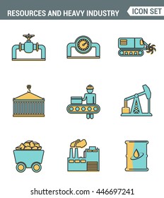 Icons line set premium quality of heavy industry, power plant, mining resources. Modern pictogram collection flat design style symbol. Isolated white background