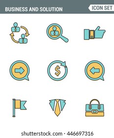 Icons line set premium quality of doing business elements, solution for clients. Modern pictogram collection flat design style. Isolated white background