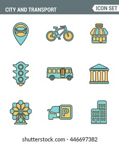 Icons line set premium quality of various city elements, street transportation sign. Modern pictogram collection flat design style. Isolated white background