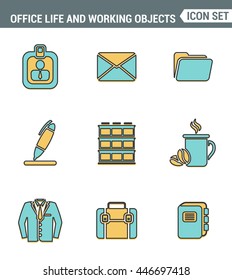 Icons line set premium quality of business items, office tools, working objects and management elements. Modern pictogram collection flat design style. Isolated white background