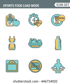 Icons line set premium quality of fitness icon. Sports food load mode burn calories healthy diet. Modern pictogram collection flat design style symbol. Isolated white background