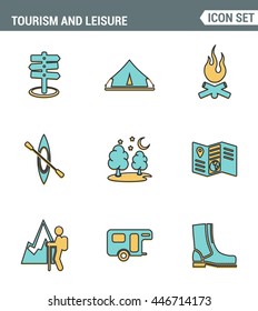 Icons line set premium quality of outdoor recreation activity and hiking tourism. Modern pictogram collection flat design style symbol . Isolated white background