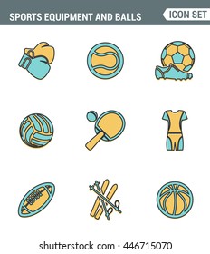Icons line set premium quality of sports equipment and wear, various type balls. Modern pictogram collection flat design style symbol . Isolated white background