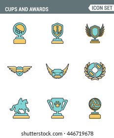 Icons line set premium quality of cups and awards prize victory award champ trophy. Modern pictogram collection flat design style symbol . Isolated white background