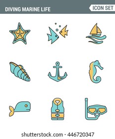 Icons line set premium quality of diving marine life activity sea tropical summer diver equipment. Modern pictogram collection flat design style symbol . Isolated white background