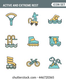 Icons line set premium quality of active and extreme rest holiday weekend sports hobby life style. Modern pictogram collection flat design symbol . Isolated white background