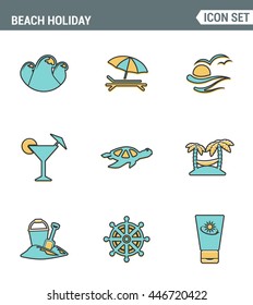 Icons line set premium quality of beach holiday diving travel worldwide nature vacation. Modern pictogram collection flat design style symbol . Isolated white background