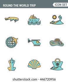 Icons line set premium quality of round the world trip transport vacation travelling transportation. Modern pictogram collection flat design style symbol . Isolated white background