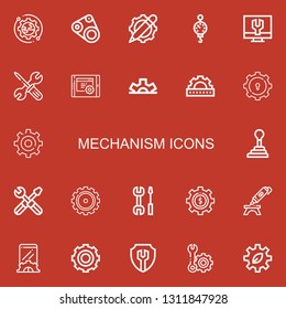   icons line Setup, Timing belt, Settings, Steelyard, Cogwheel, Gear, Setting, Gearshift on red background