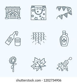 Icons line style set with light garland, petard, cider bottle elements. Isolated vector illustration  icons.