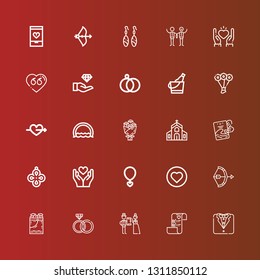  icons line Tuxedo, Wedding plans, Rings, Ice bucket, Bow, Love, Necklace, Heart, Pendant on red