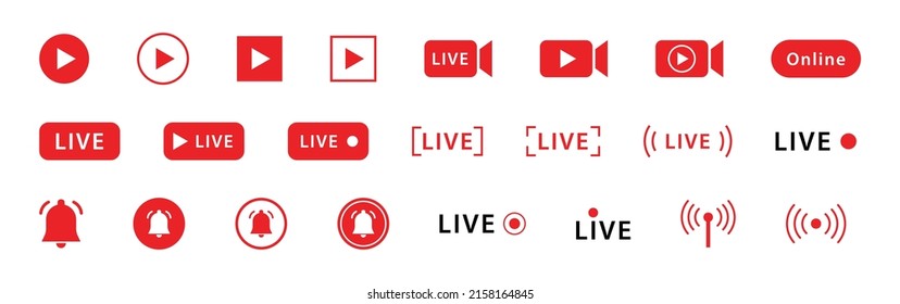 Icons of live broadcast, video stream, tv. Online logo, buttons, symbols, signs of internet news, show, play for banner. Vector. Template of camera with text illustration.