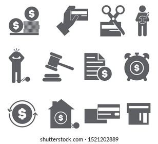 Icons for loans, credit cards, debts, mortgages, bills, liens.