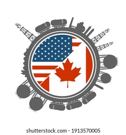 Icons located around circle. Business communication concept in industrial design. USA and Canada business cooperation. National flags. Energy generation and heavy industry.