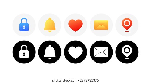 Icons of lock, bell, heart, envelope, location. Different styles, color, key lock, bell, heart, envelope, location icons. Vector icons