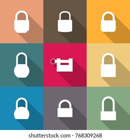 Icons locks of different shapes with long diagonal shadow. Flat style, vector illustration.