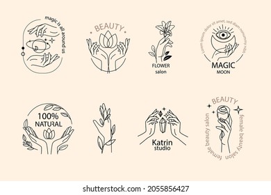 Icons and logo with female hands collection. One line vector illustration. Trend mystical and natural concept