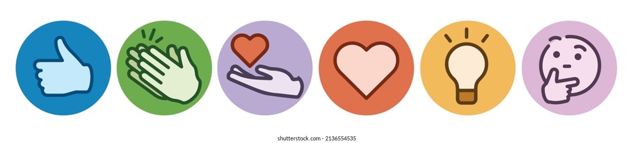 icons logo set reactions emoji template connection modern vector Like love Celebrate hand giving Support thinking lamp idea inspiration Insightful and Curious blue green red orange purple colour