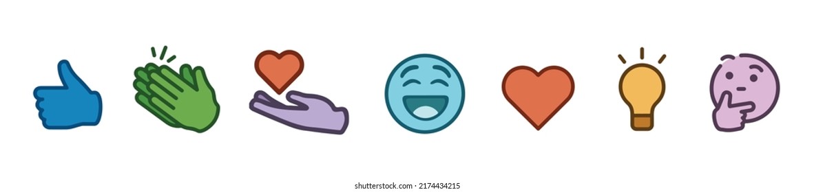 icons logo set reactions emoji template connection modern vector Like love Celebrate funny give laugh Support thinking lamp idea inspiration Insightful and Curious orange purple blue green red colour svg