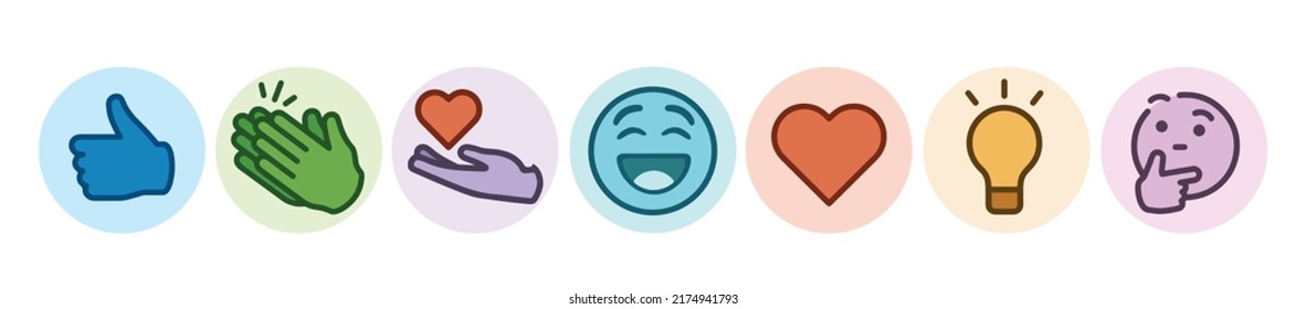 icons logo set reactions emoji template connection modern vector Like love Celebrate funny give laugh Support thinking lamp idea inspiration Insightful and Curious orange purple blue green red colour