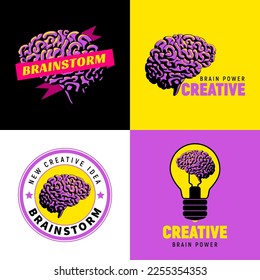 Icons or logos set with brain, light bulb, ribbon. Creative idea, brainstorm, mind, non standard thinking emblems. Isolated Vector illustration