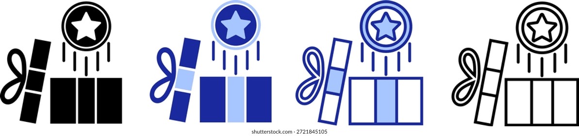 Iconos y logotipos que muestran cajas de regalo con estrellas y monedas en diferentes colores sobre un fondo simple