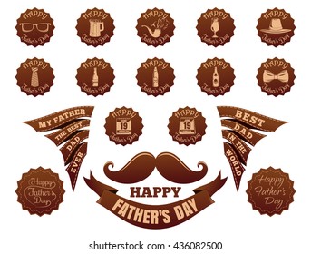 Icons, logos, sign, symbols, ribbons, inscriptions for Father's Day celebrate. Big set. Vector illustration isolated on white background