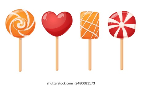 Icons of lollipops, spiral candy on stick isolated on white background. Set of cute hard sugar sweets candies with swirls and stripes on wooden sticks, vector cartoon illustration