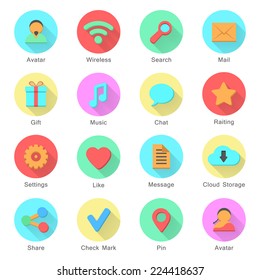 icons with long shadow effect in stylish colors of web design objects and social media signs. isolated on white background. flat design style modern vector illustration