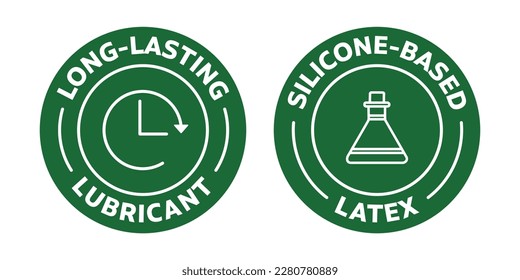 Icons of long-lasting lubricant and silicone-based latex. Rounded outlined vector icons in green color.ai