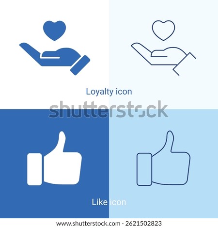 Icons for loyalty and like, editable vector icons in glyph and outline stroke styles. Additional titles can be applied - allegiance, commitment, dedication, devotion, want, enjoy, love icons