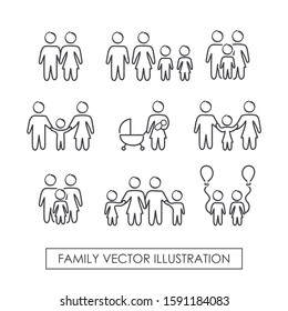 Icons made in loose line of family. Pictograms of mother, father and children.