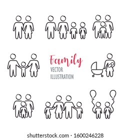 Icons made in loose line of family. Pictograms of mother, father and children.