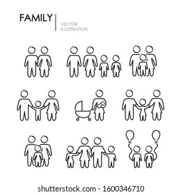 Icons made in loose line of family. Pictograms of mother, father and children.