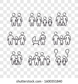 Icons made in loose line of family. Pictograms of mother, father and children.