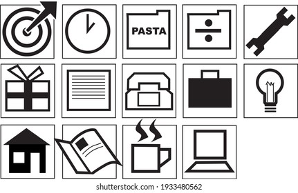 Icons Made In Vector About Work Bussines. They Are Target, Clock, Analog Phone, Briefcase, Wrench, Gift, Document, Executive Briefcase, Lamp, Menu Card, Cup Of Coffee And A Computer